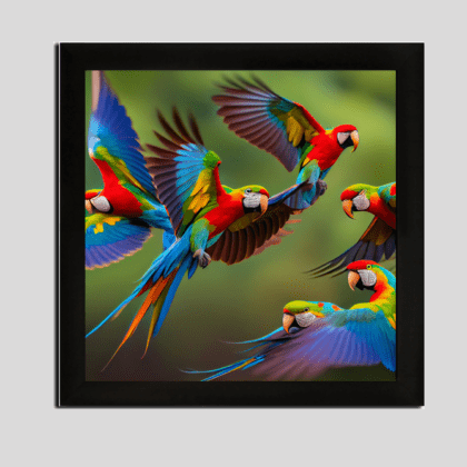 12×12 Inch Colourful Flying Birds Poster with White & Black Frame Options | Vibrant Avian Art for Your Space