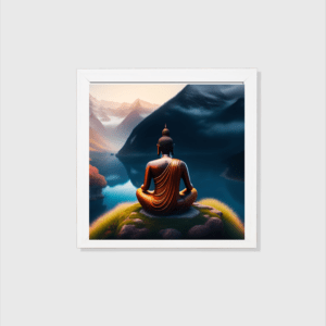 8x8 Inch Buddha Sitting on Rock Overlooking Lake Poster with Black or White Frame | Serene Wall Art